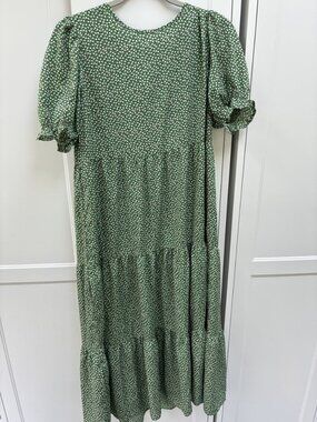 Prettygarden Green Floral Tiered Puff Sleeve Dress M
